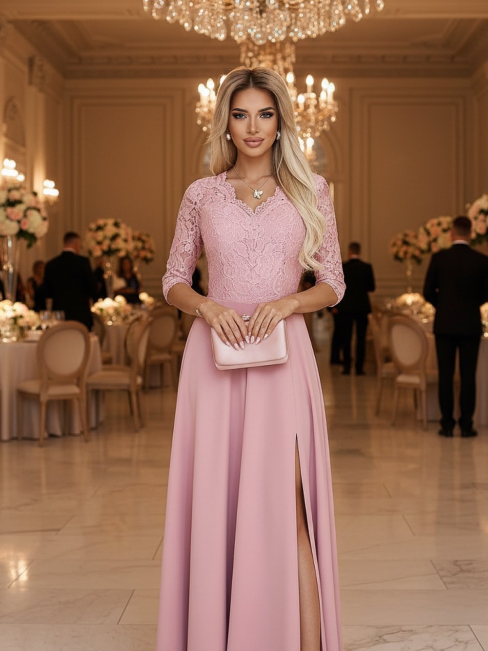Chiffon & Lace Pink Long-Sleeve Evening Dress with Side Slit